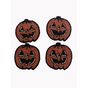 Set Of 4 Beaded Jack O Lantern Halloween Coasters Pumpkin Fall Decor